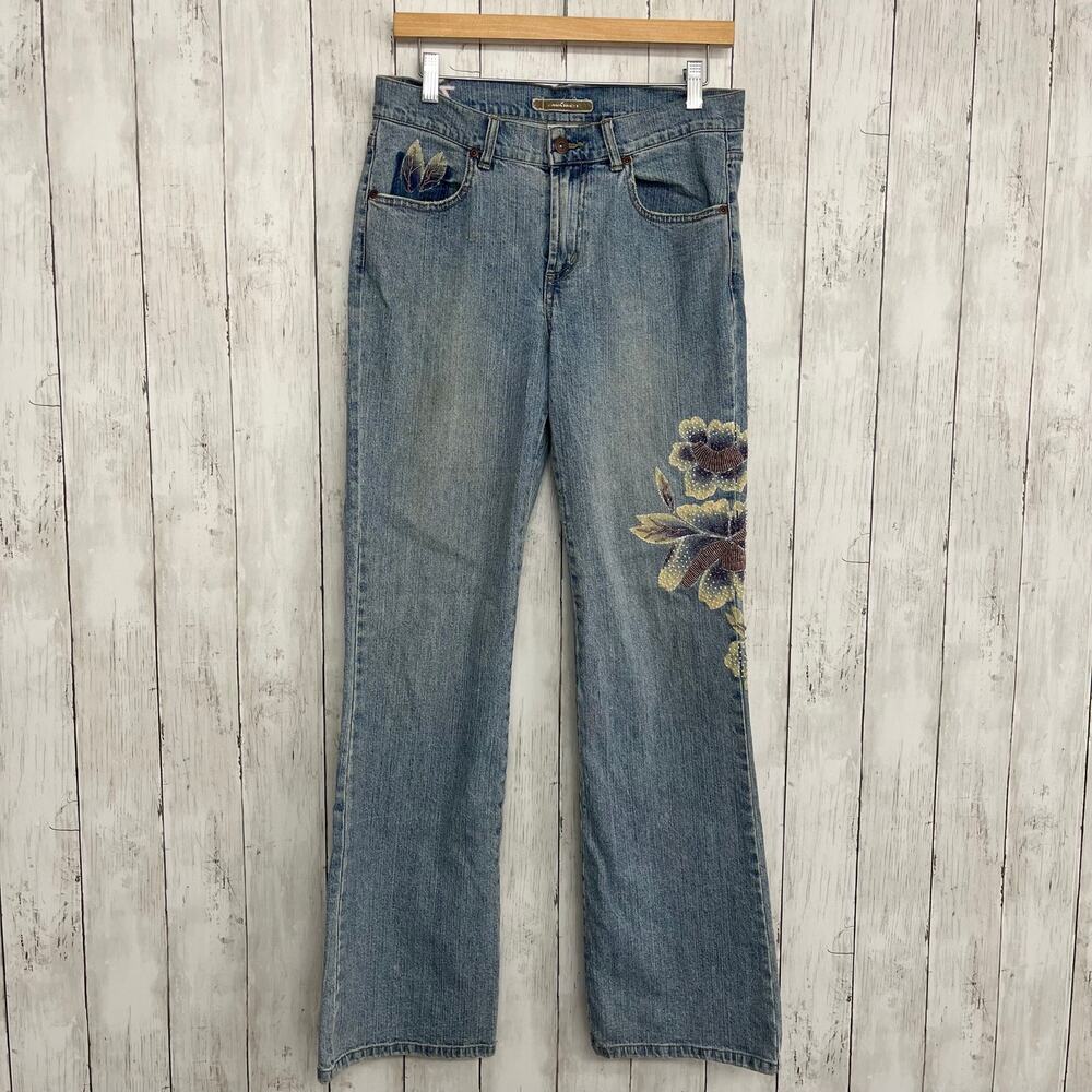 Vintage 90s Z Cavaricci Painted Beaded Floral Jeans Size 10 Bootcut Flare Denim